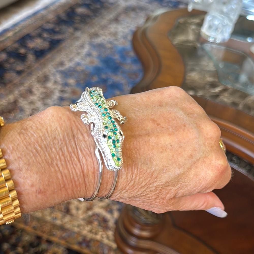Elegant Silver and Green Alligator Bracelet